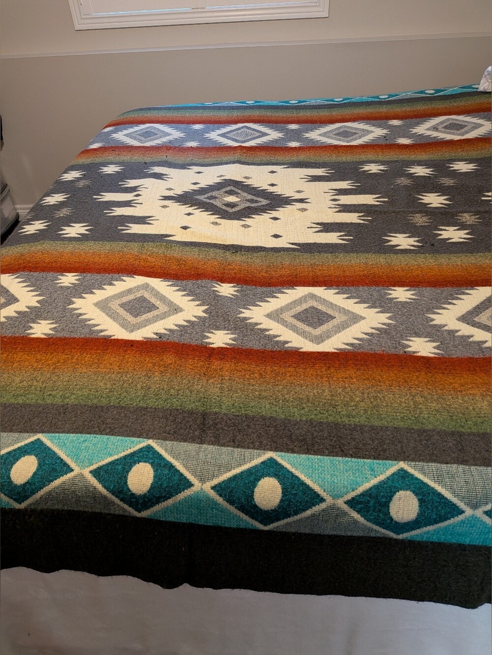 Large Alpaca Blanket.  Southwestern Pattern  Teal, Rust, Gray Cream. Reversible.